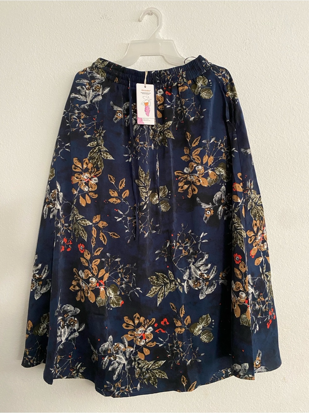 Women's Navy Floral Midi Skirt with Elastic Waist